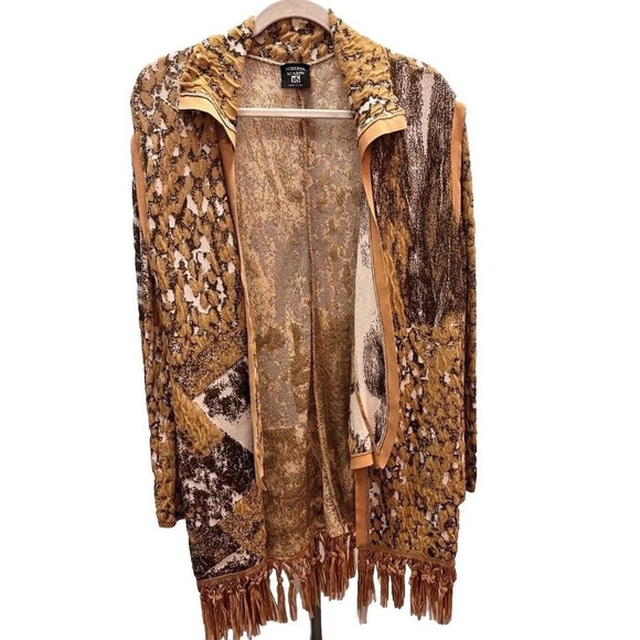 Roberta Scarpa Sweaters - Animal Print Fringe Cardigan Sweater Sz M Faux Suede Piping Italian Boho Western